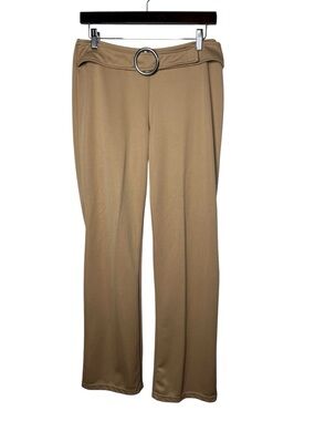 Y2K Too Hot Tan Silver Round Buckle Stretch Flare Trouser Pants